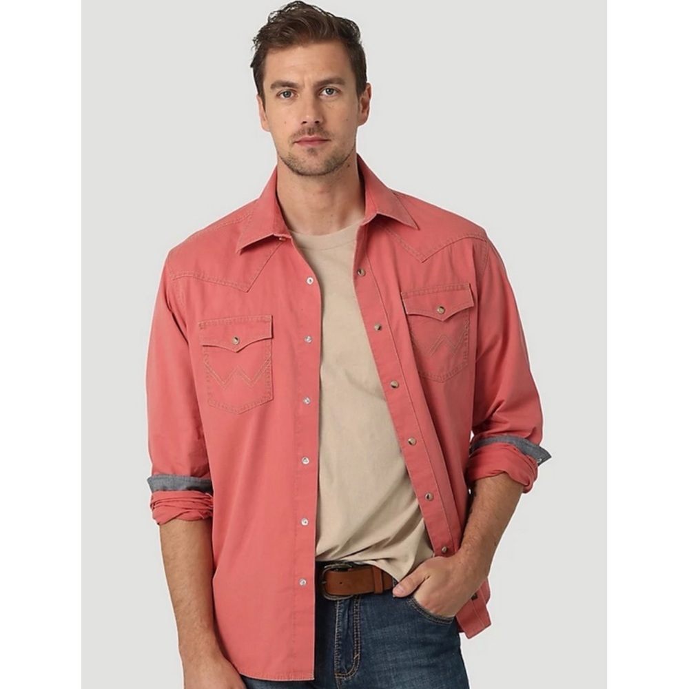Wrangler‎ Mens Retro LS Button Down Shirt S Salmon Cotton Western Pearl Snap